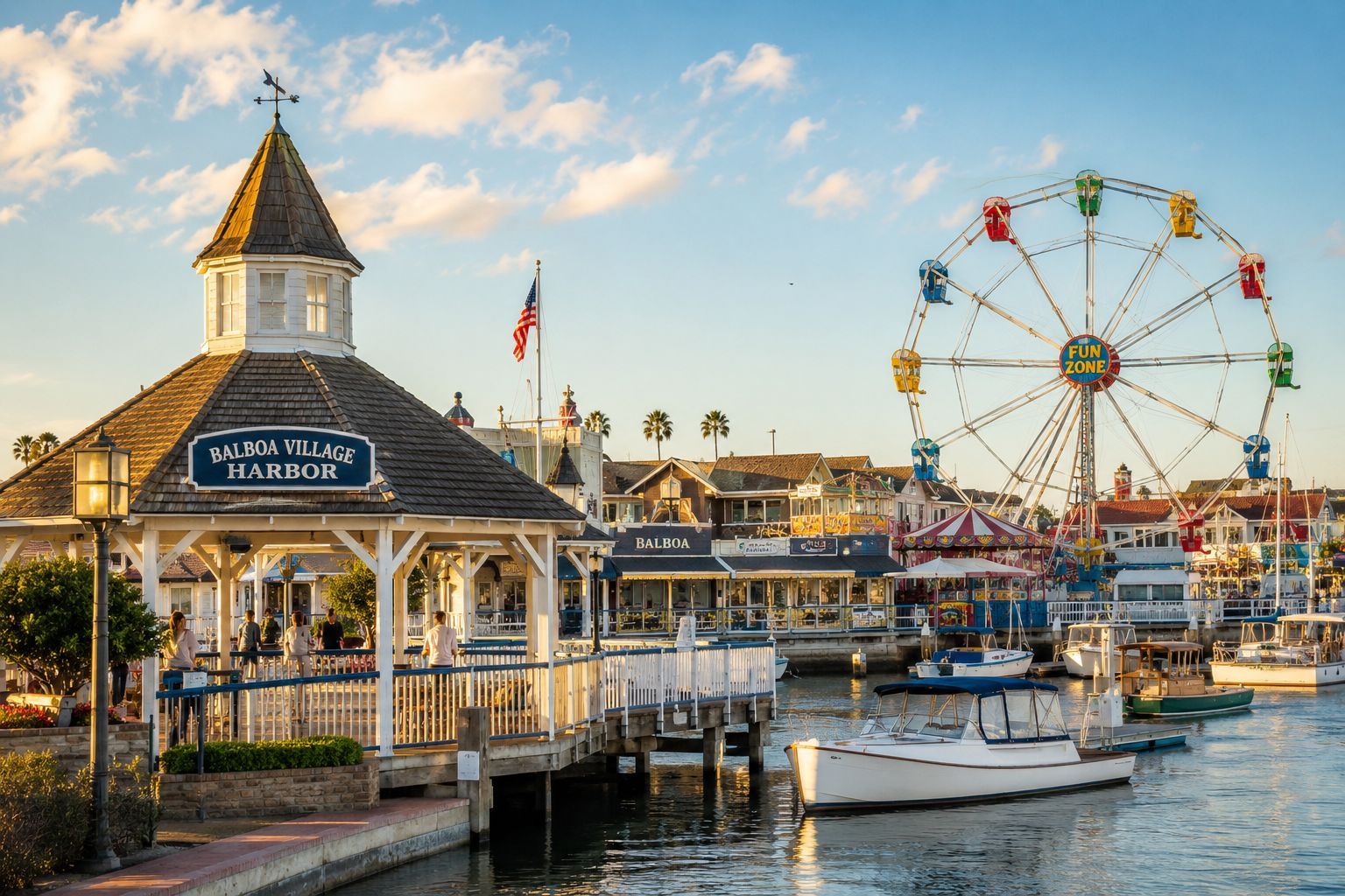 Aerial view of Balboa Island's perimeter boardwalk and harbor cottages, Newport Beach